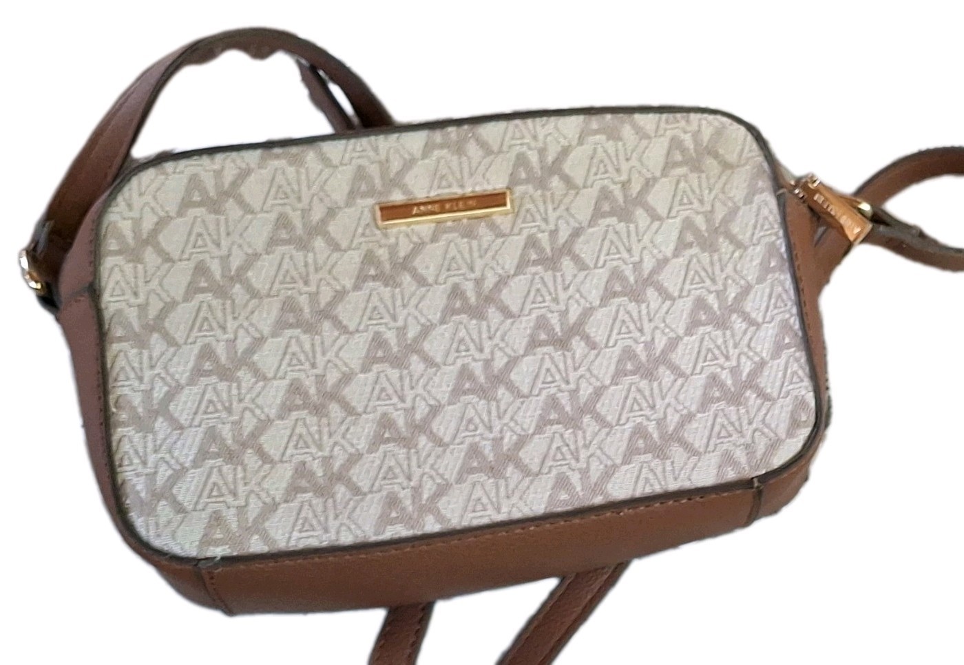 Anne Klein Logo Zip Crossbody Bag Beige/Brown Adjustable Strap Inner Pockets
