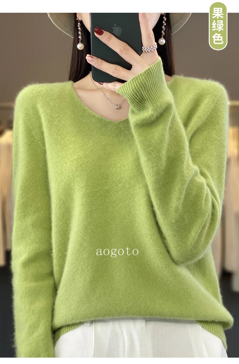 Women’s V-neck Pullover Sweater Knitwear Soft Warm Cashmere Loose Grace Style