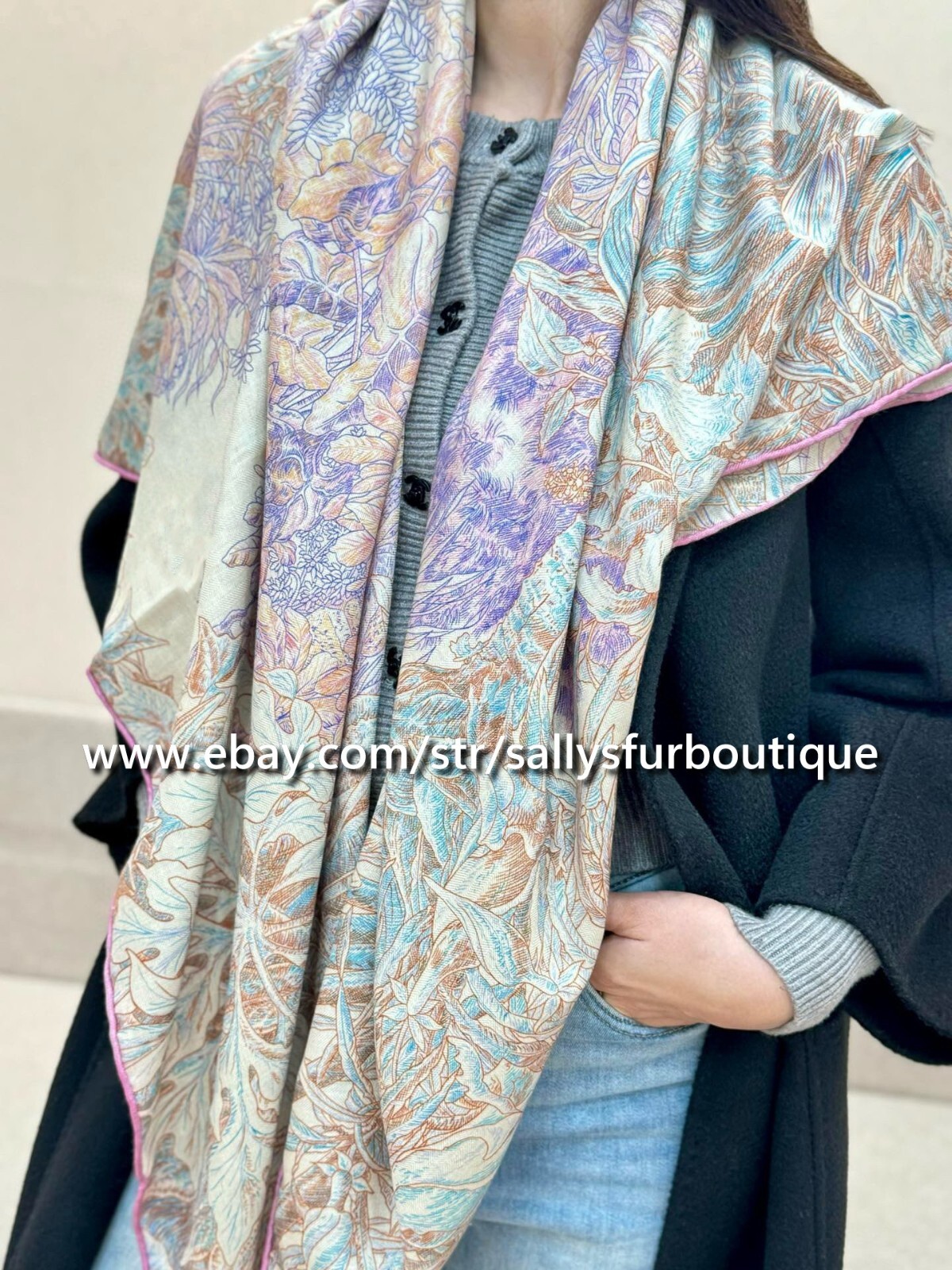 Sallys 70% Cashmere & 30% Silk Wrap Scarf Garden Print Double Face Shawl 53″