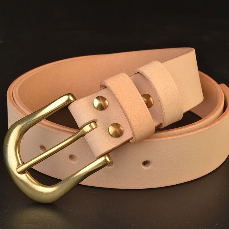 Hand Craft Custom Made Vegetable Tanned Leather Cowhide Belt Brass Buckle 38mm