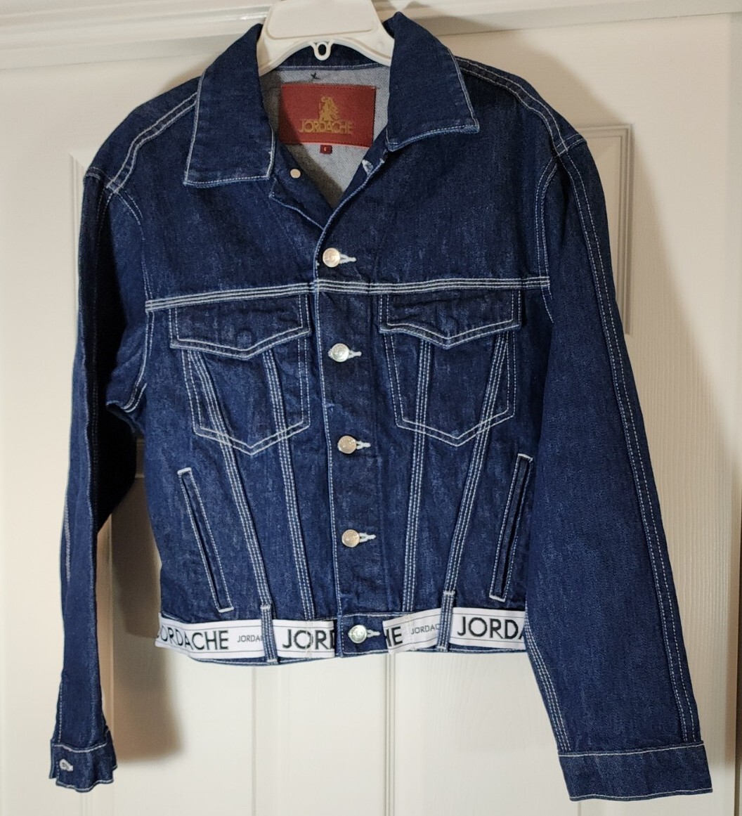 Jordache Womens Jean Jacket Crop Denim Blue Trucker 80s 90s Cotton Logo Lg