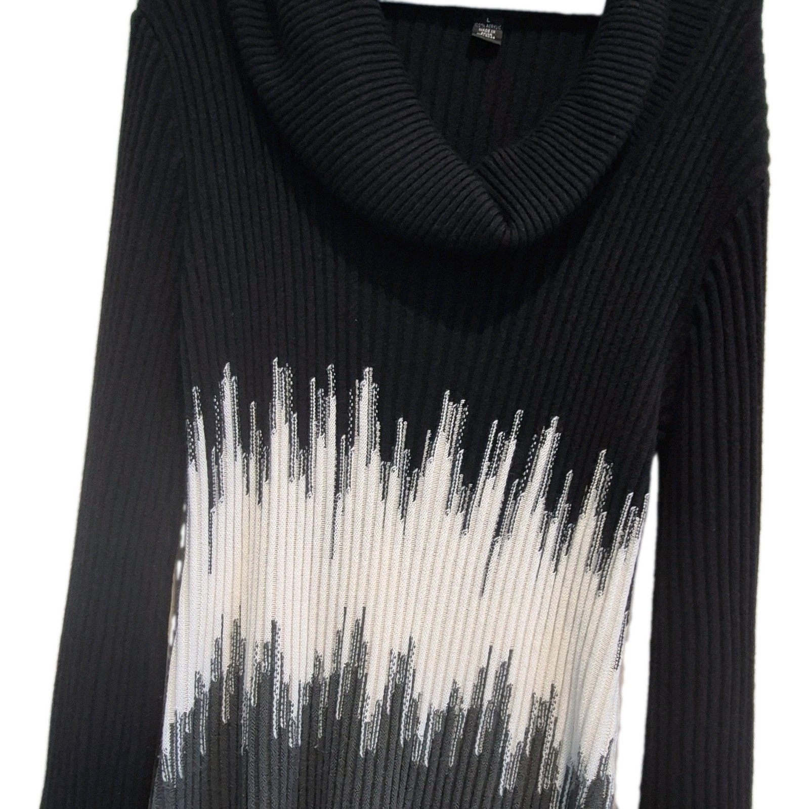 Women’s Black White Gray Abstract Ribbed Knit Cowl Neck Sweater Dress L