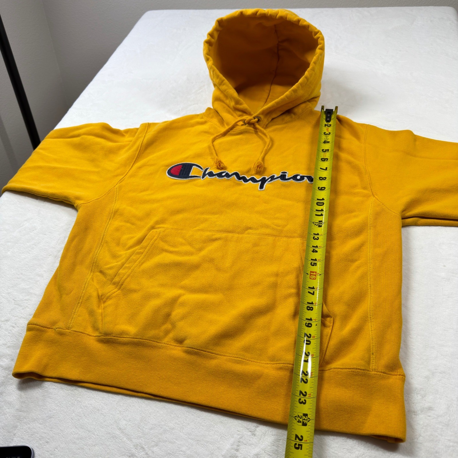Champion Reverse Weave Hoodie Mens Medium Gold Yellow Good Script Logo GF68 BYC