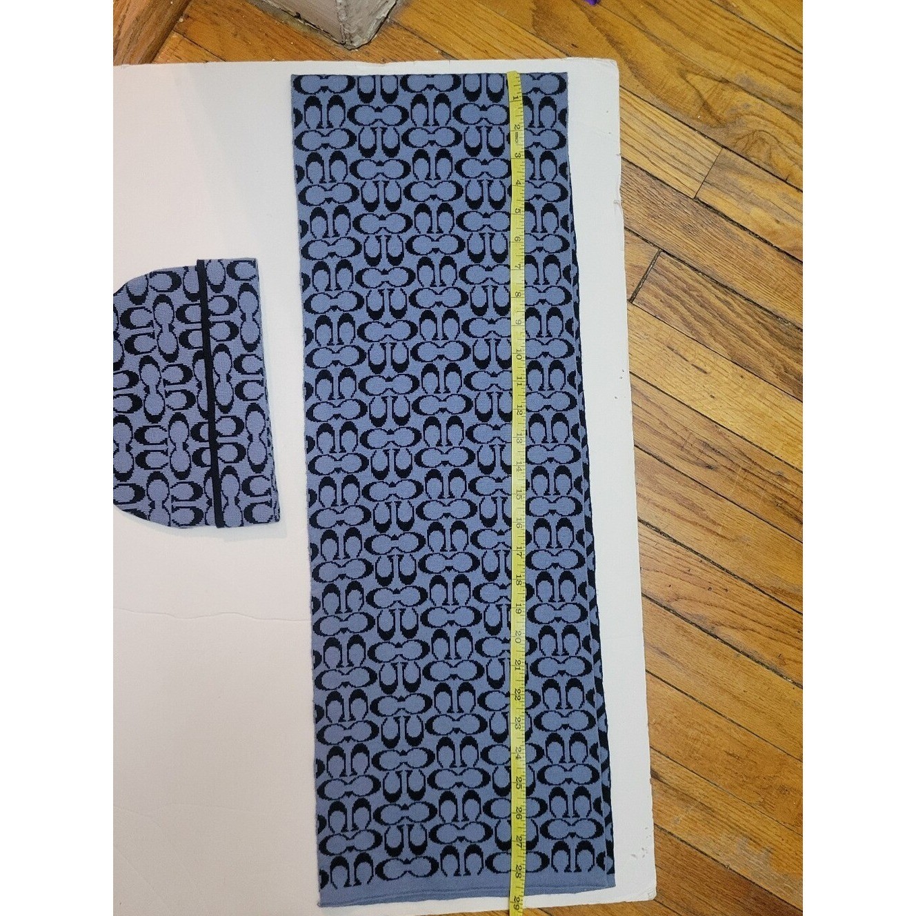 COACH Knit Signature C Logo Beanie Matching Scarf Set Two-Tone Blue