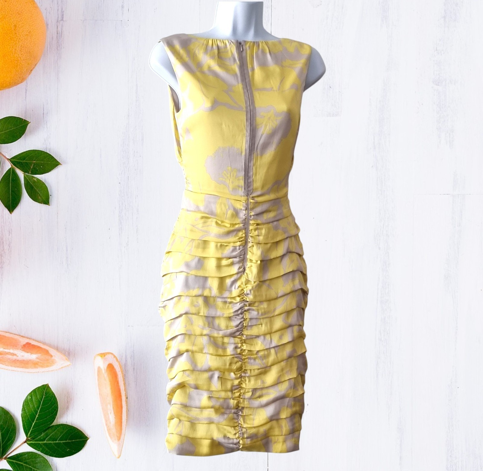 COAST Silk Yellow Grey Layered Ruffle Pencil Dress UK 8 Wedding Ascot Race Party