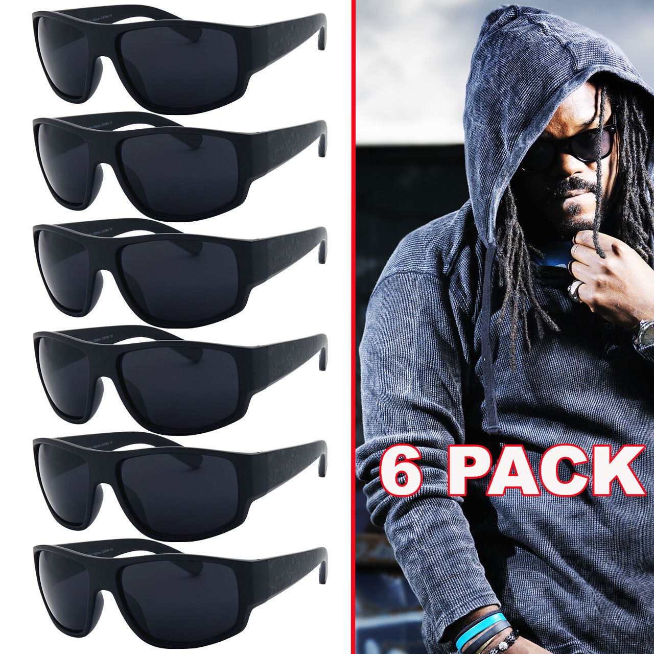 Mens Sunglasses OG All Black Look with Print Sport Wrap Biker Style Gangster Loc