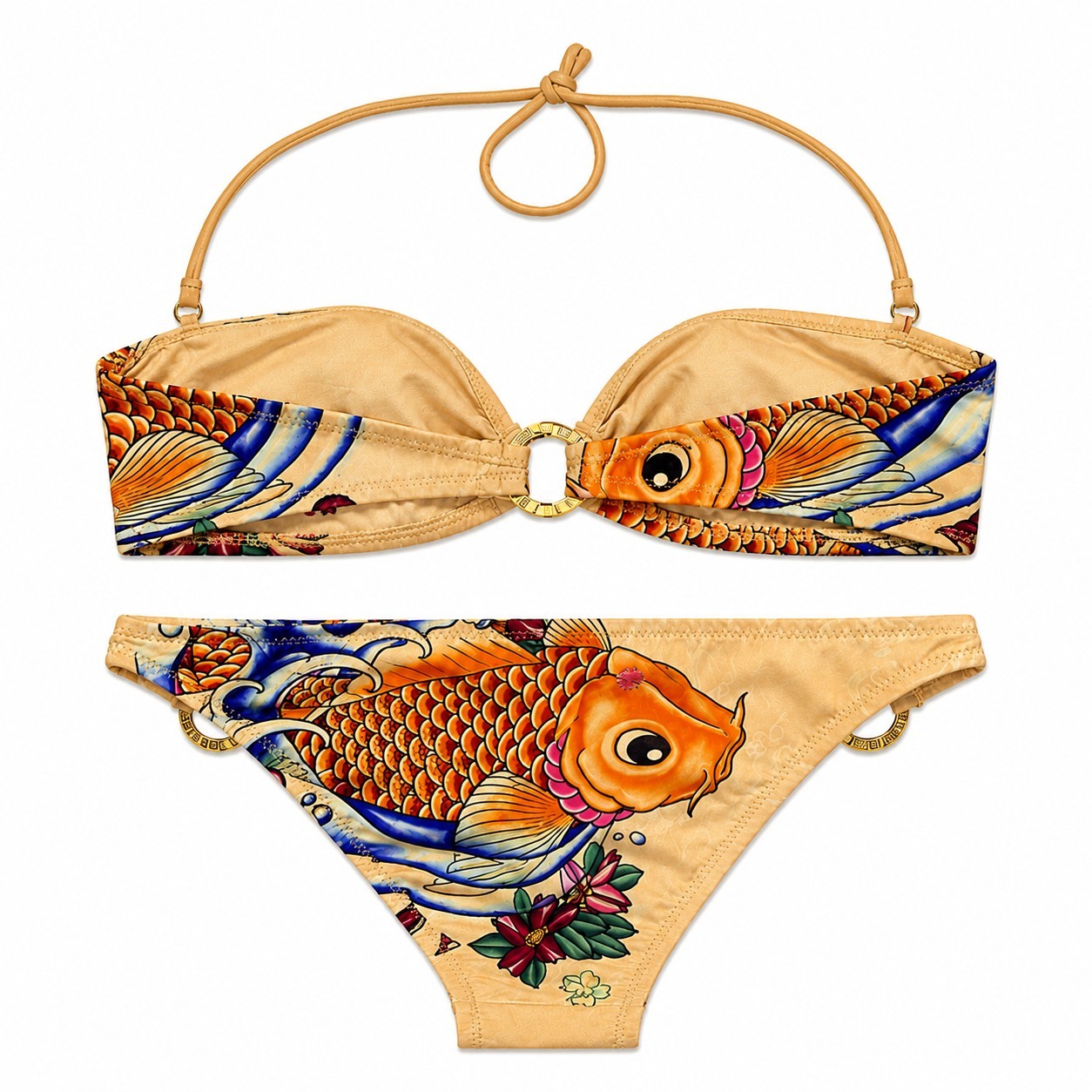 Rare Christian Audigier Bikini Set Orange Koi Fish Grunge Ed Hardy Rhinestones M