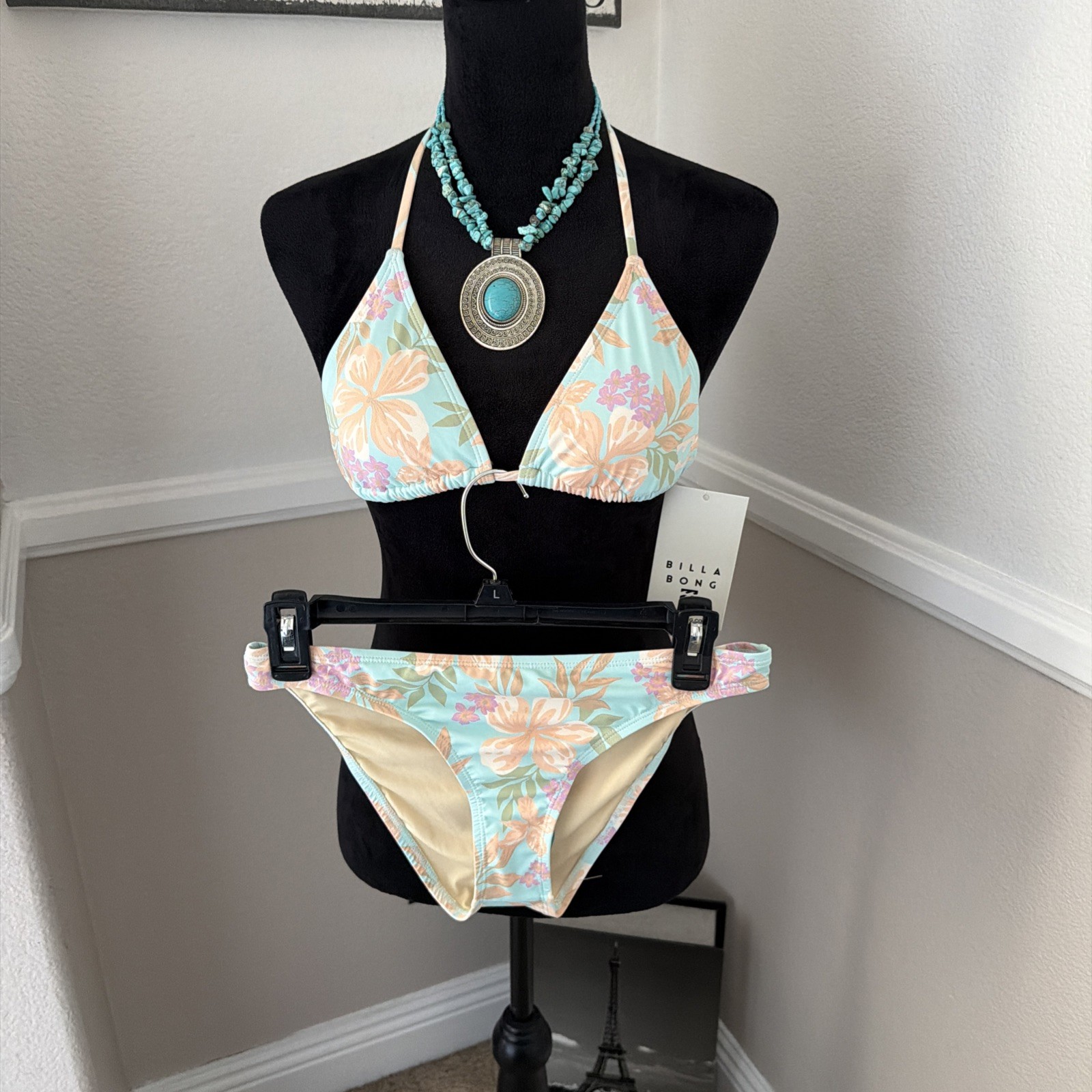 NWT Billabong Beach Babe Triangle Top Bikini Set Moderate Tropical Aqua $99 L