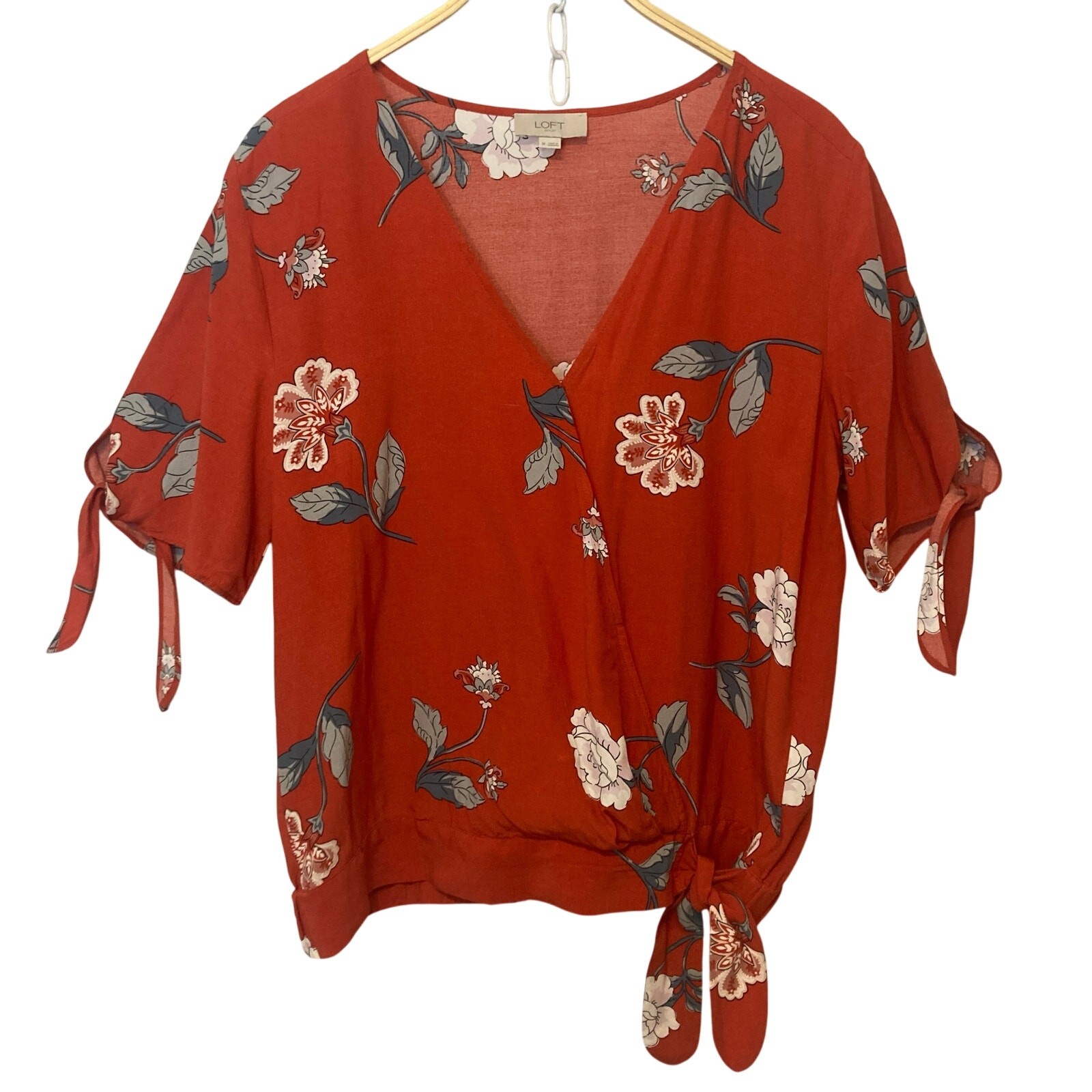 Loft Red Floral Tie Short Sleeves Waist Crossover V-Neck Blouse Top Medium