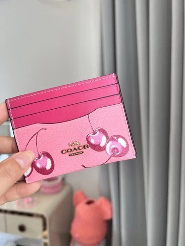 NWT COACH CR840 Slim Id Card Case Cherry Print Leather Pink 10*7cm