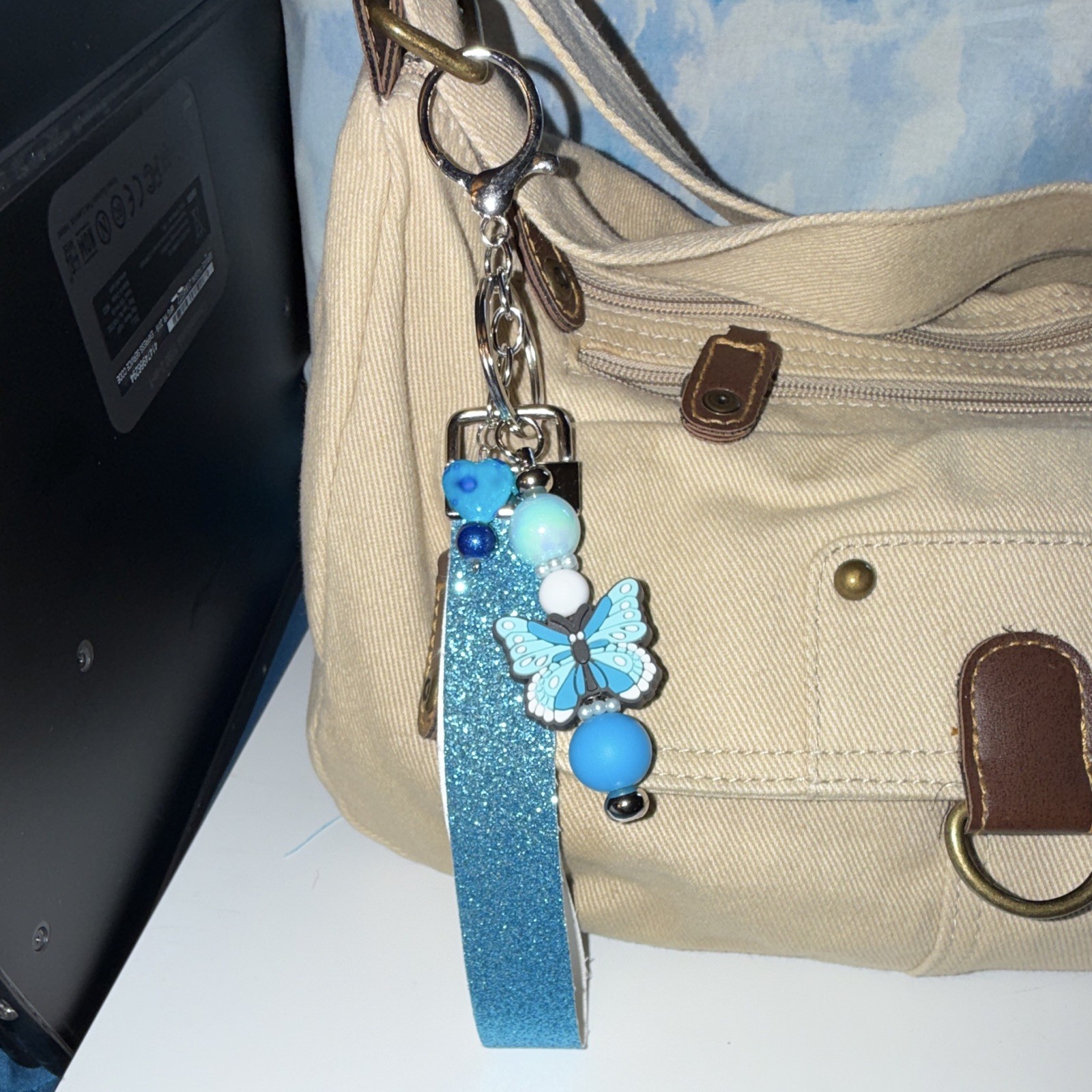 Blue Glitter Wristlet Strap Key Chain/Bag Charm w/Butterfly Heart Beads