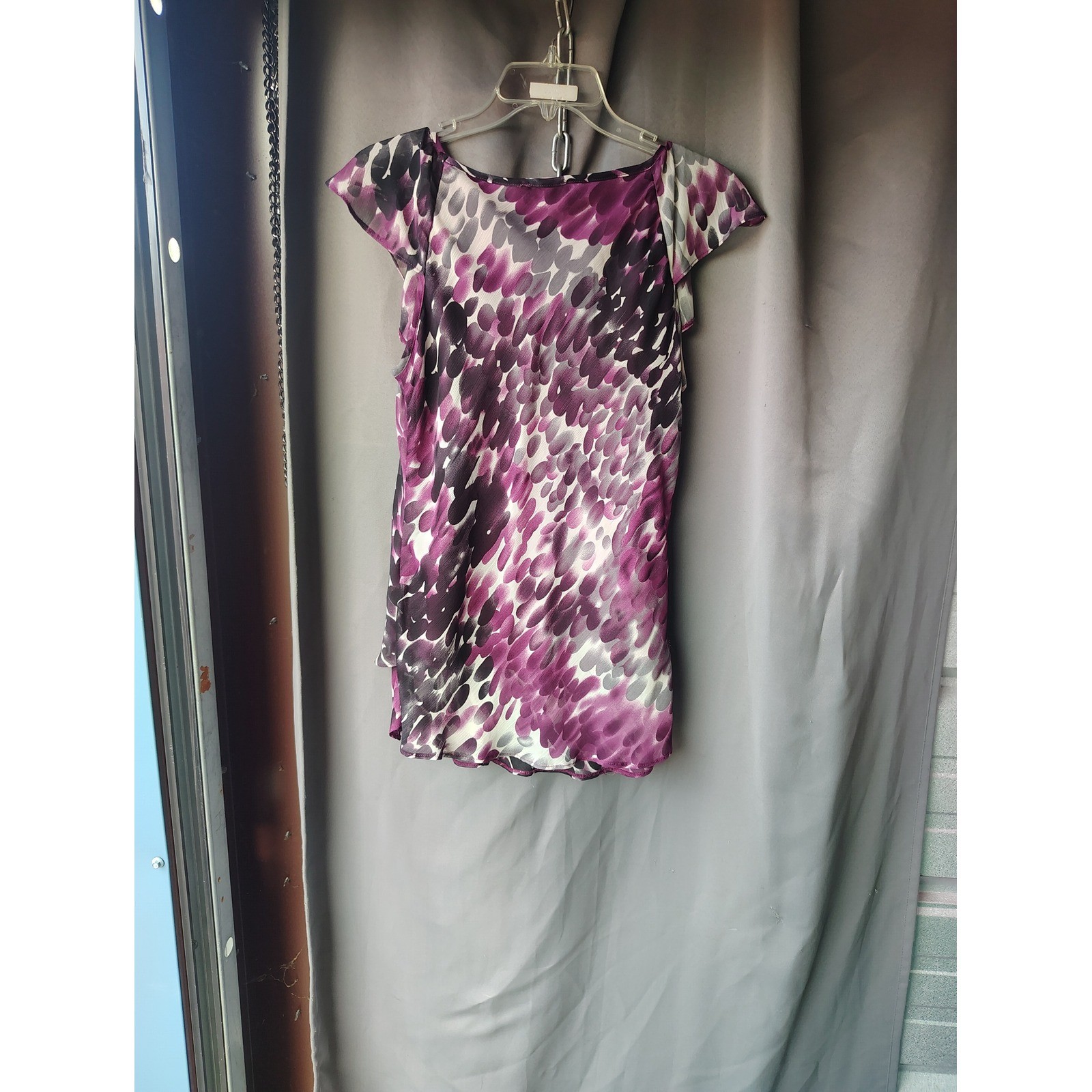 Roz & Ali Womens Purple Abstract Petal Print Cap Sleeve Tiered Blouse Size M