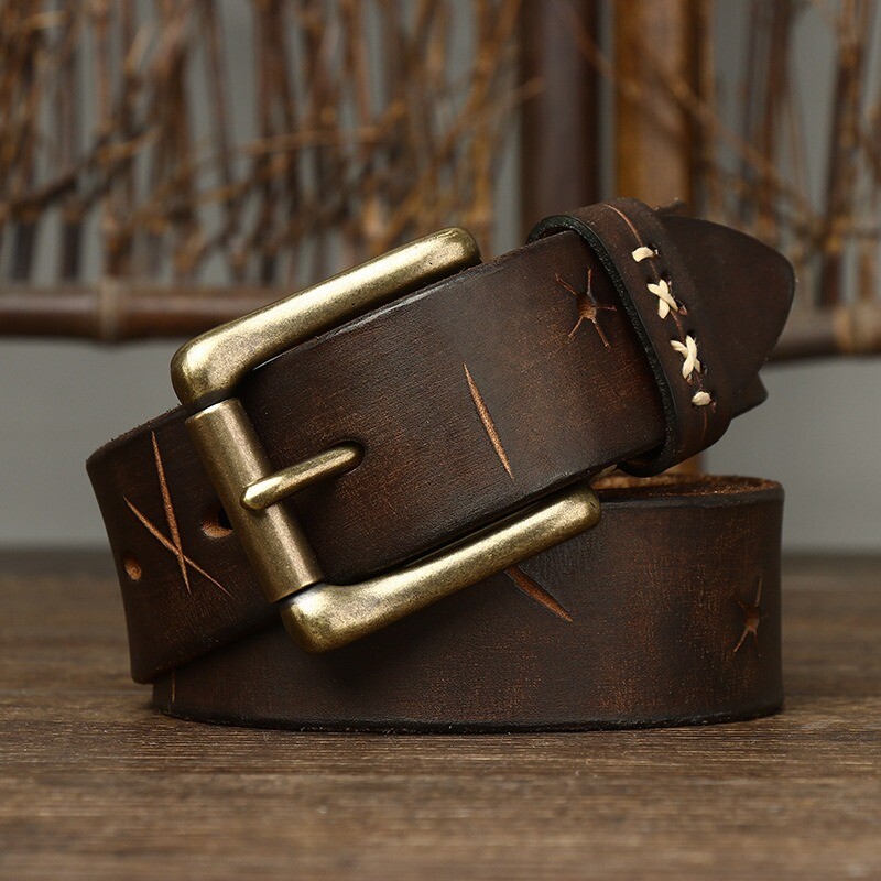 3.8CM Men High Quality Genuine Leather Belt Pin Buckle Cowskin Vintage Strap