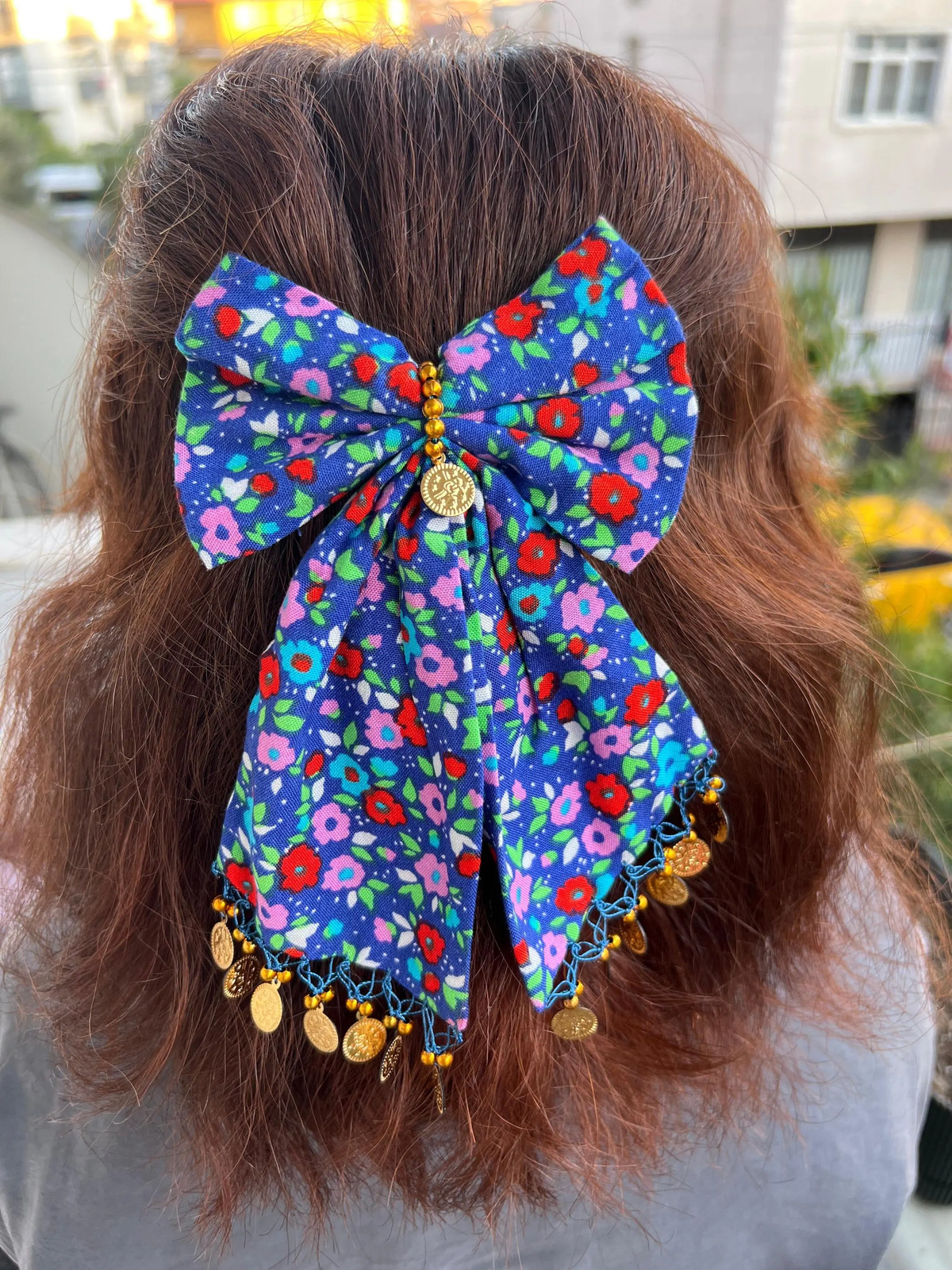 Gold-Toned Handmade Floral Hair Bow with Coin Trim Unique Boho Vintage Turkish