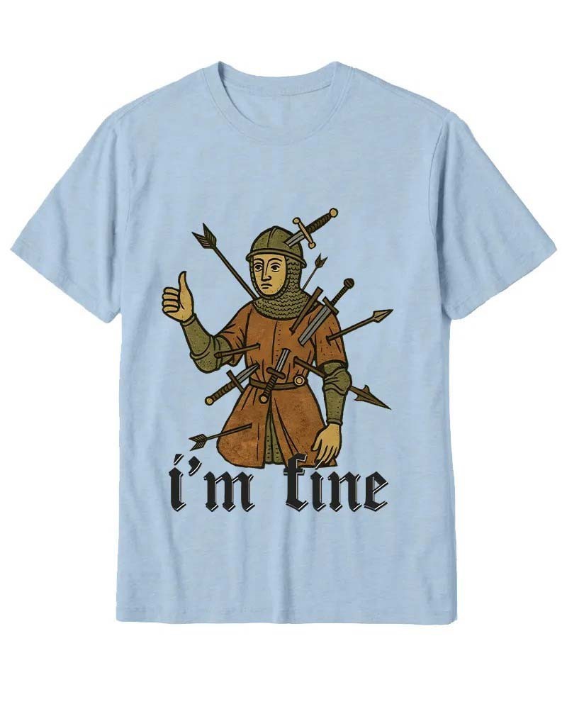 Medieval Knight I’m Fine 1970s History Meme T-Shirt Graphic Tee For Men’s Women