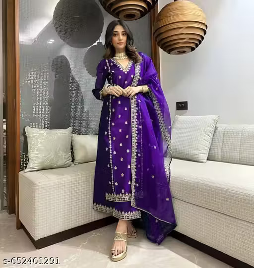 WOMEN EMBROIDERED WORK KURTI WITH PANT WITH WORK DUPATTA SET