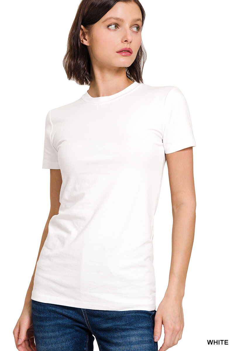 SHORT SLEEVE CREW NECK Basic Women T-Shirt Cotton Long Top Fitted Plain Stretch