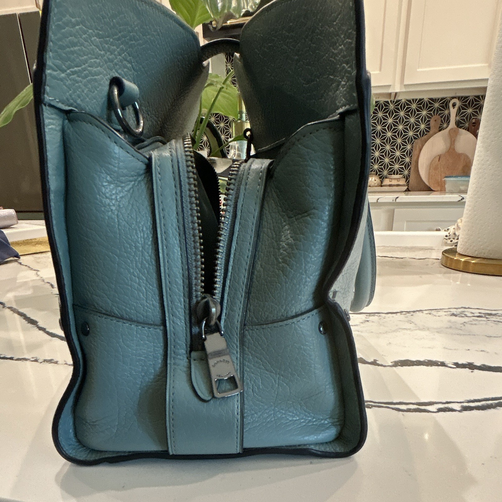 Coach Blue Pebbled Zip Satchel Top Handle Detachable Strap Hang Tag Gunmetal