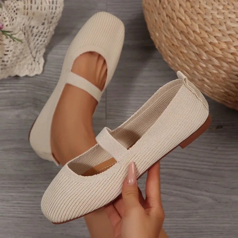 Women Knitted Ballet Flats Mary Jane Strap Shoes 2025 Anti Slip Casual Loafers
