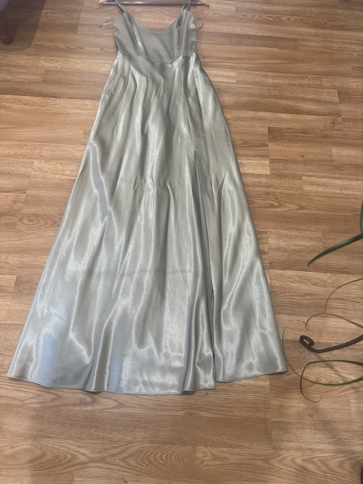 Birdy Grey Green Satin Maxi Slip Dress V-Neck Adjustable Spaghetti Straps XS