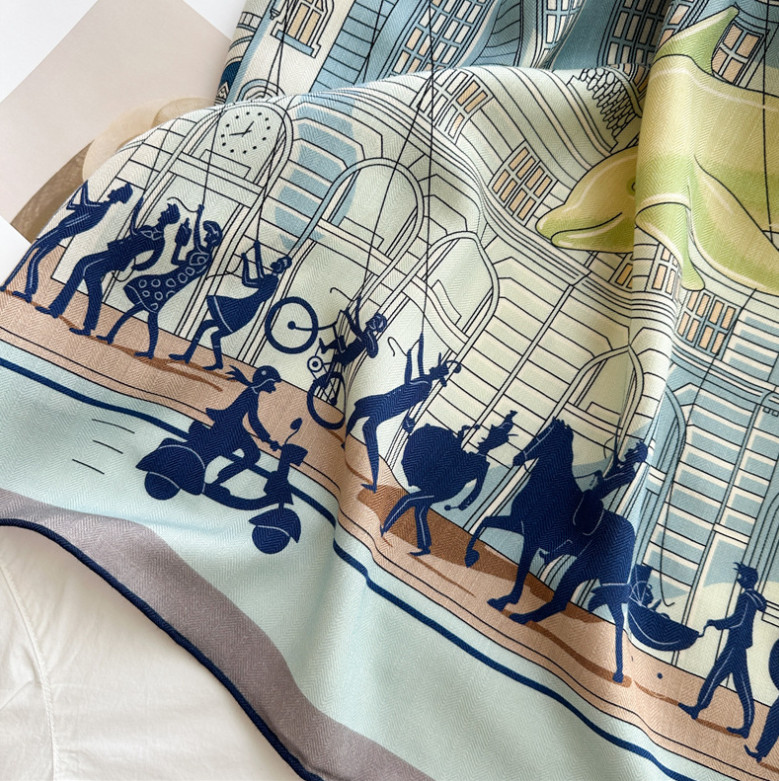70% Cashmere 30% Silk Wrap Scarf Horse Print Double Face Print Shawl 135X135cm