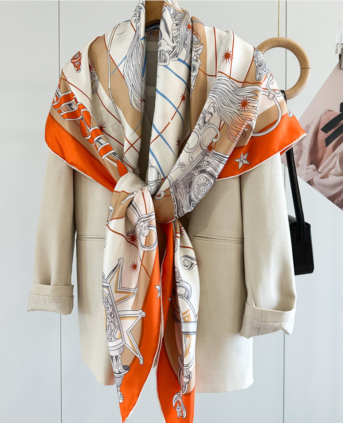 Mulberry Silk Square Scarf Women Neckerchief Wrap Orange wheels Print98
