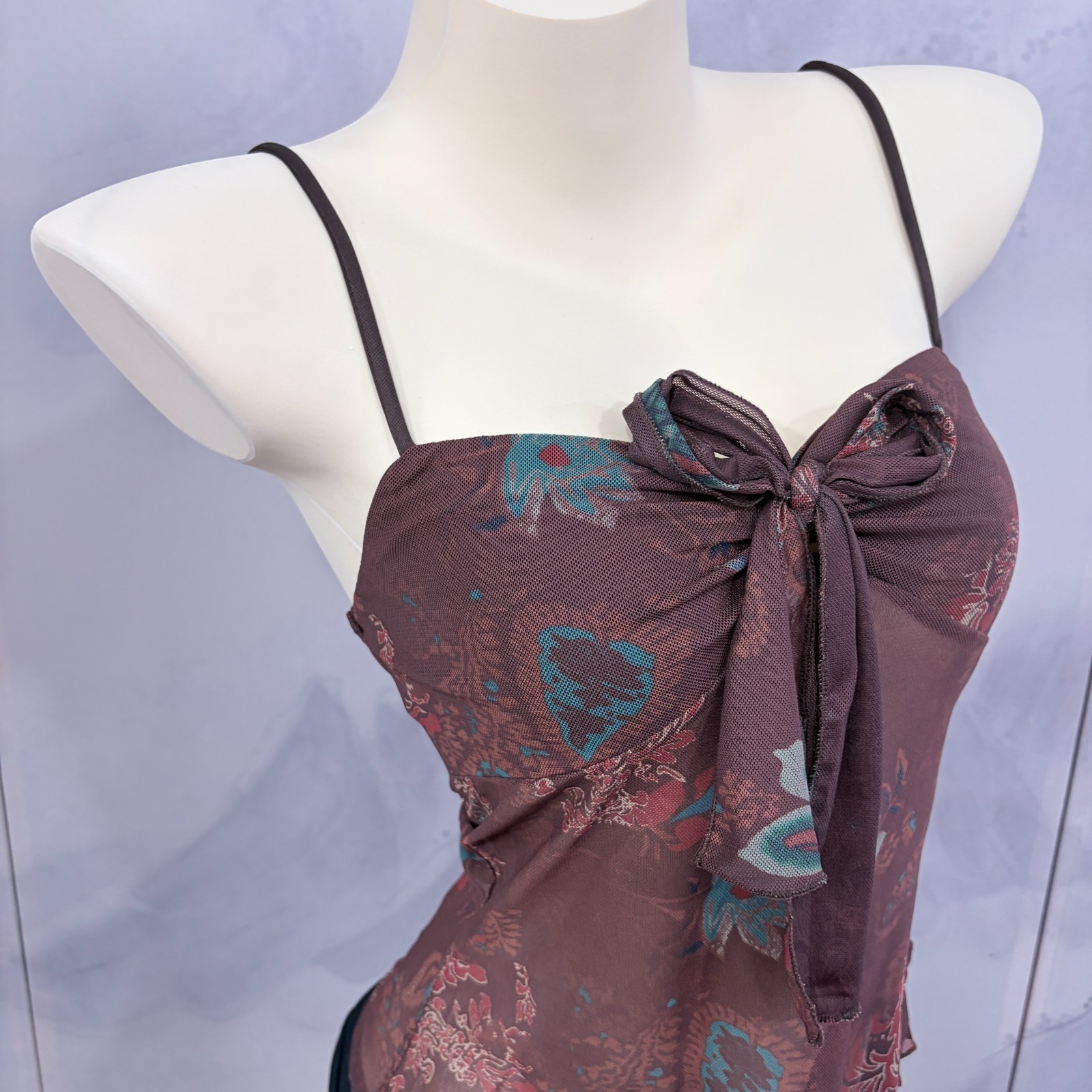 Vintage Floral Mesh Tie Front Cami Top