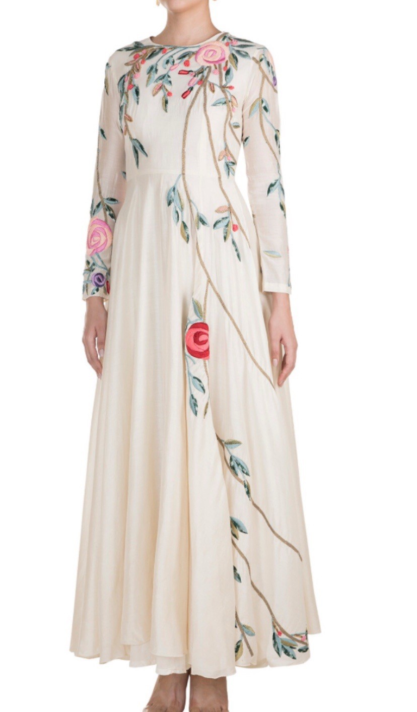 Floral Embroidered Kurti dress one size l/xl cotton handmade fully lined gown