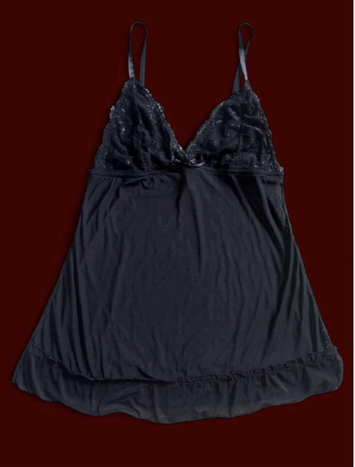 Black Lace Sheer Mesh Cami Top with Spaghetti Straps and Ruffled Hem