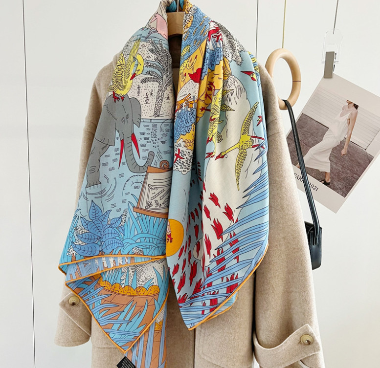 70% Cashmere 30% Silk Wrap Scarf Animal World Print Double Face Print Shawl 53”