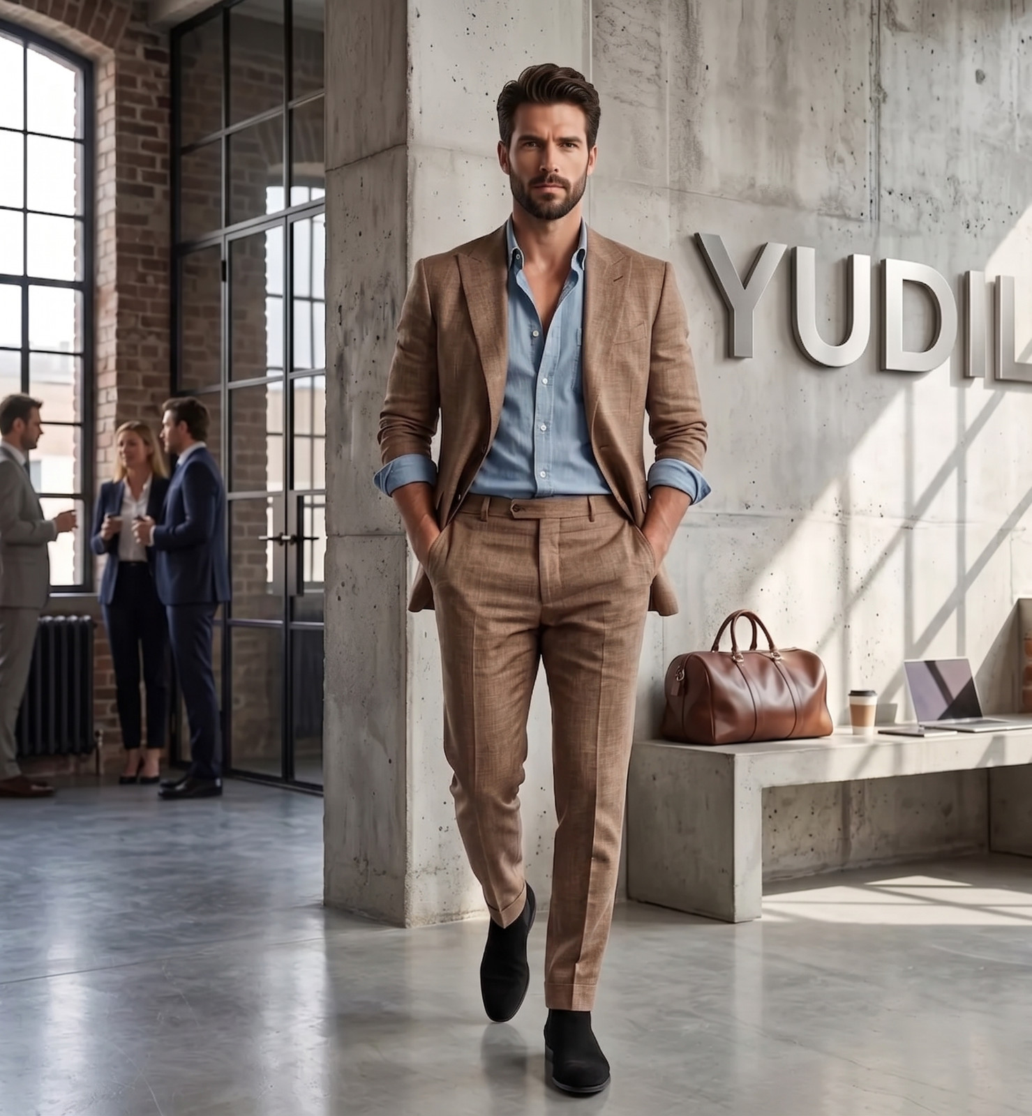Men Brown Linen Feel Suit 2Pc Tailored Fit Summer Rustic Wedding Smart Casual