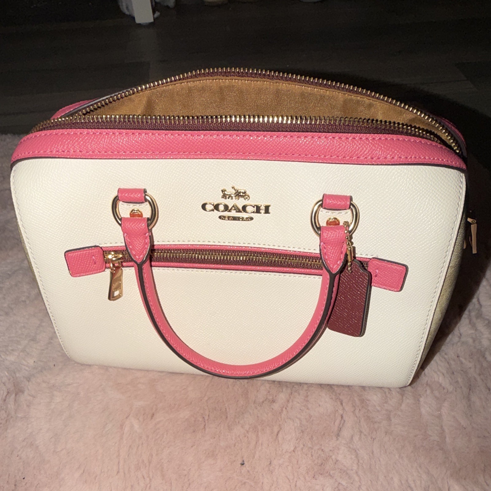 Coach White/Pink Colorblock Satchel Top Handle Zip Gold HW Front Pocket Charm
