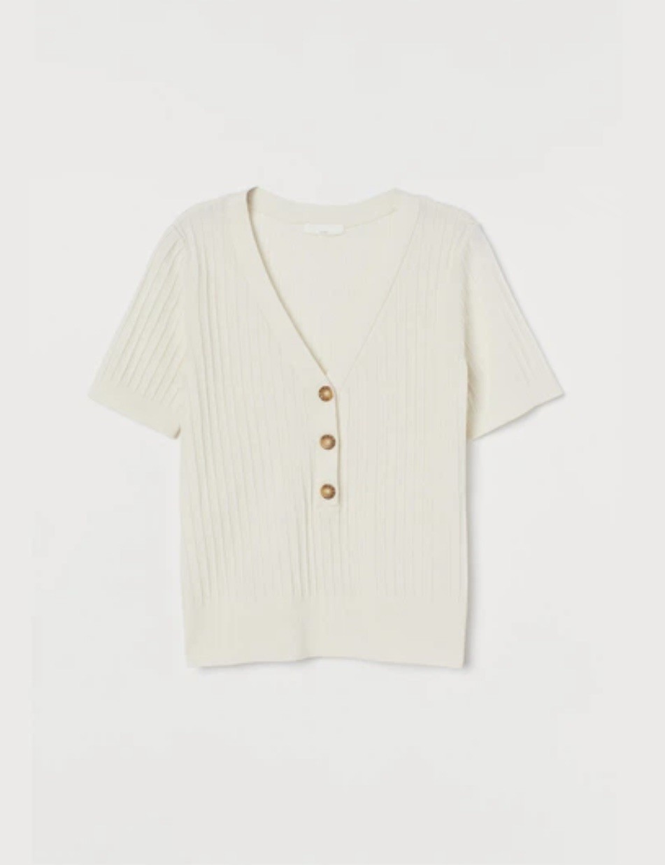 H&M woman Cream Ribbed Knit Top Short Sleeve Button V-Neck Minimalist Size XL