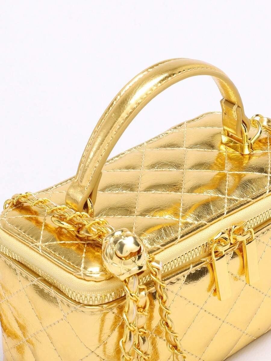 Fashionable Quilted Box Bag Plain Mini Crossbody Chain Strap Zipper Purse