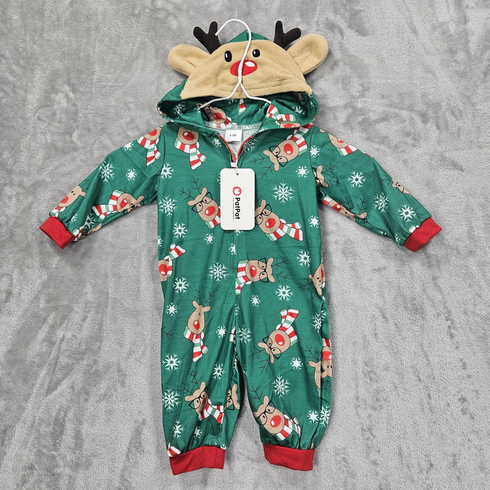 PatPat Reindeer Pajama Romper Baby 0-3M Hooded Holiday Christmas New Zip