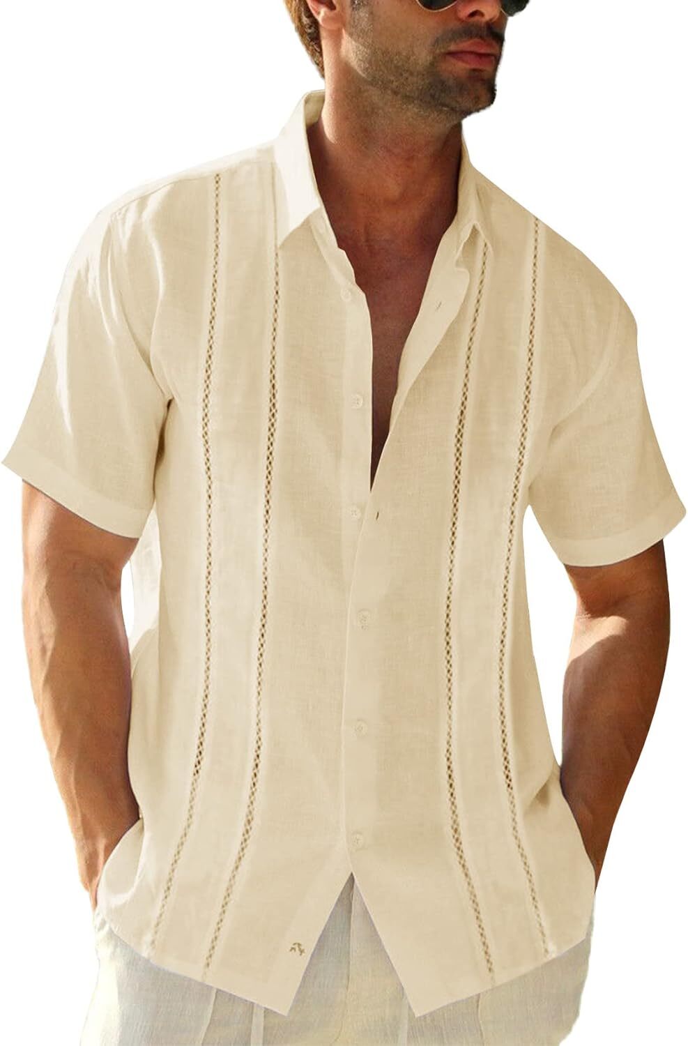 Mens Guayabera Shirt Linen Cotton Embroidered Short Sleeve Cuban Wedding Beach
