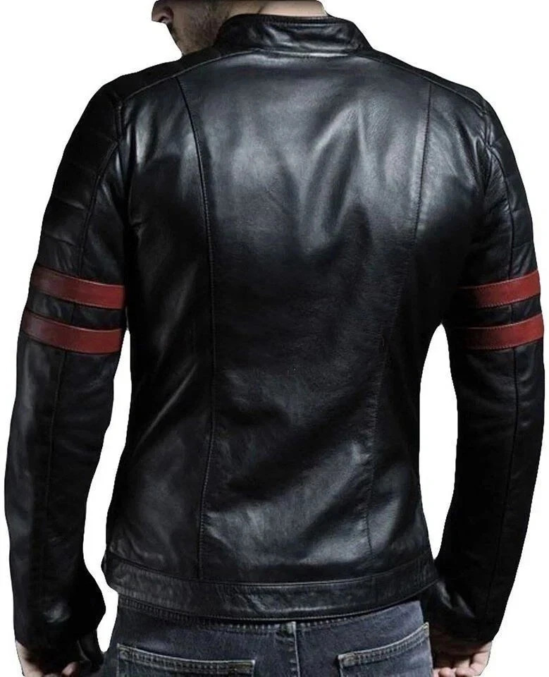 Men Leather Jacket Black Slim fit Motorcycle Real Lambskin Biker Stripped Jacket