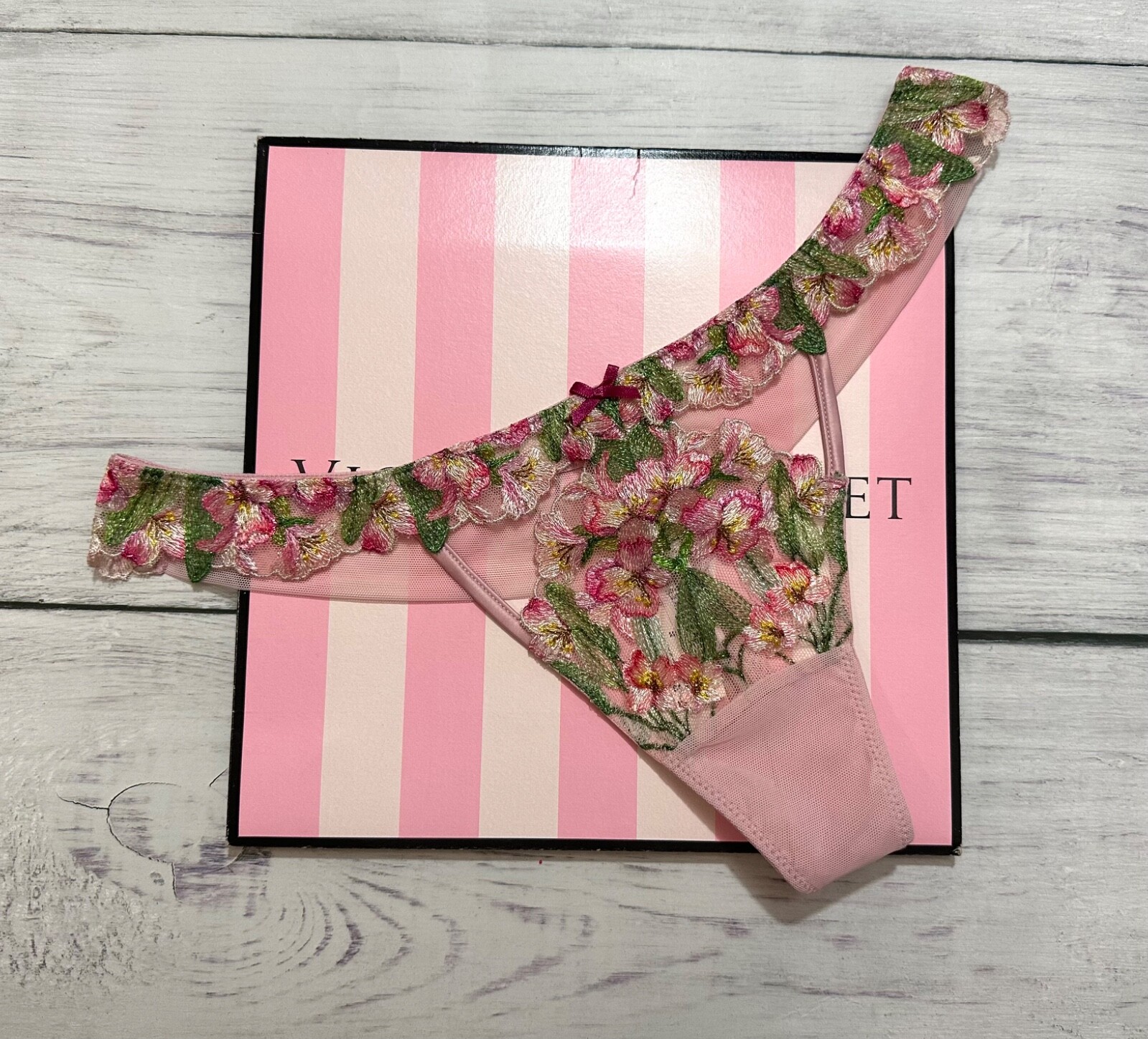 Victoria’s Secret Chalk Rose Embroidery Wicked Unlined Balconette Bra Thong Set
