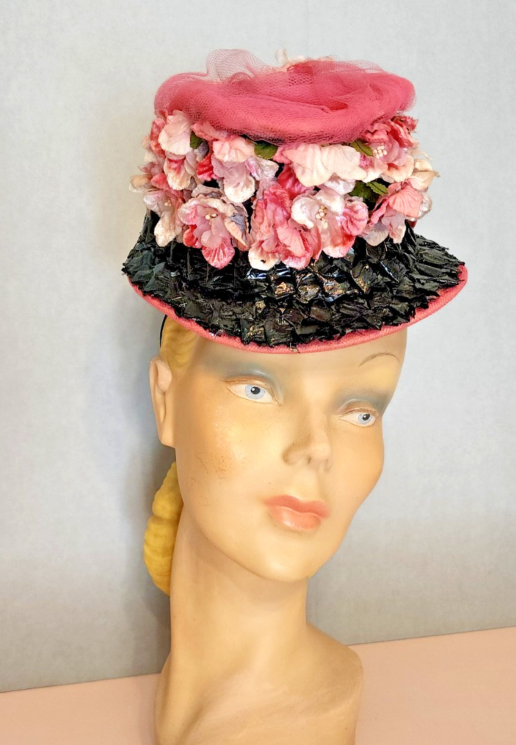 Vintage 1940s Pink Black Floral Toy Tilt Hat Topper Tulle Straw