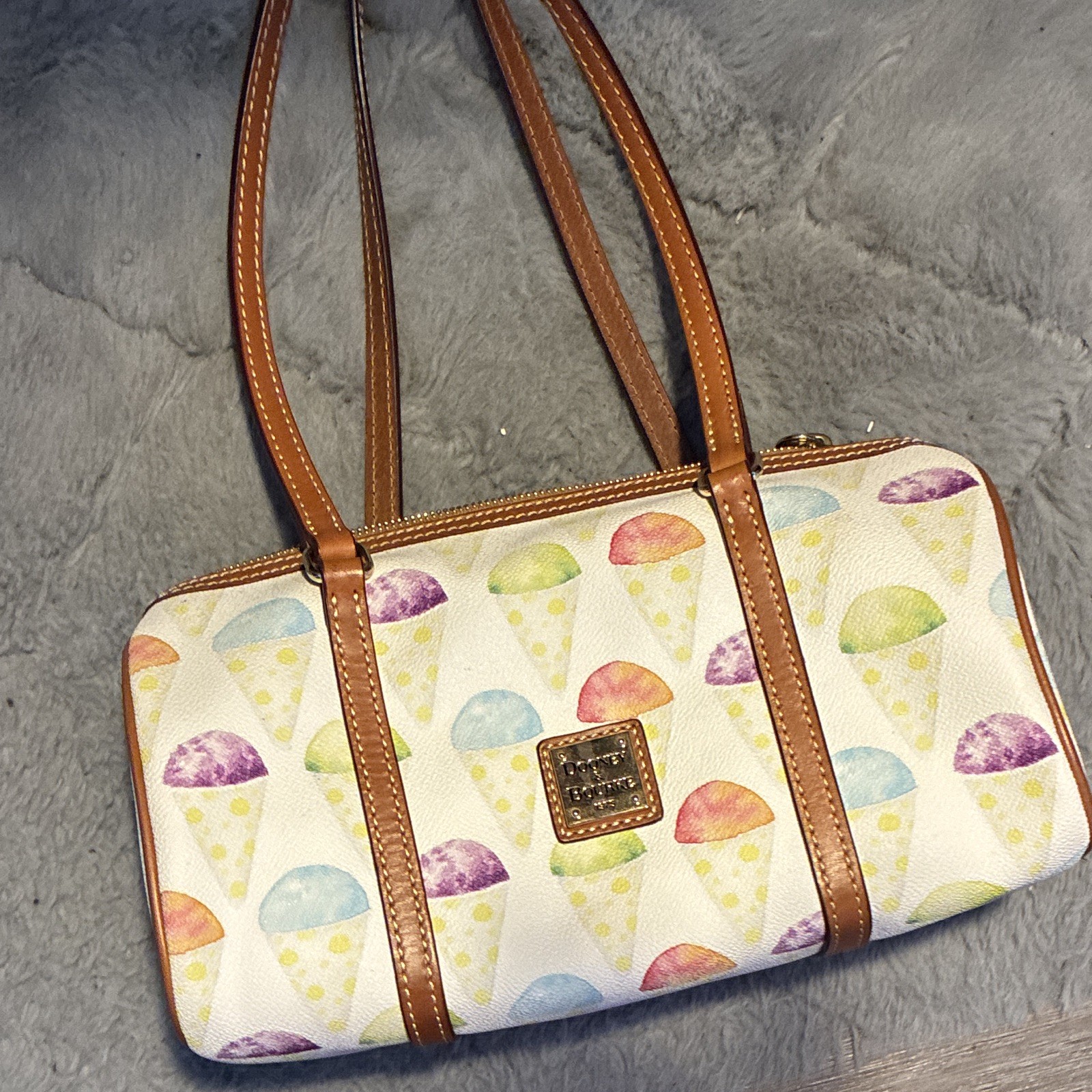 Dooney & Bourke Ice Cream Print Small Shoulder Bag Zip Brown Strap Red Lining