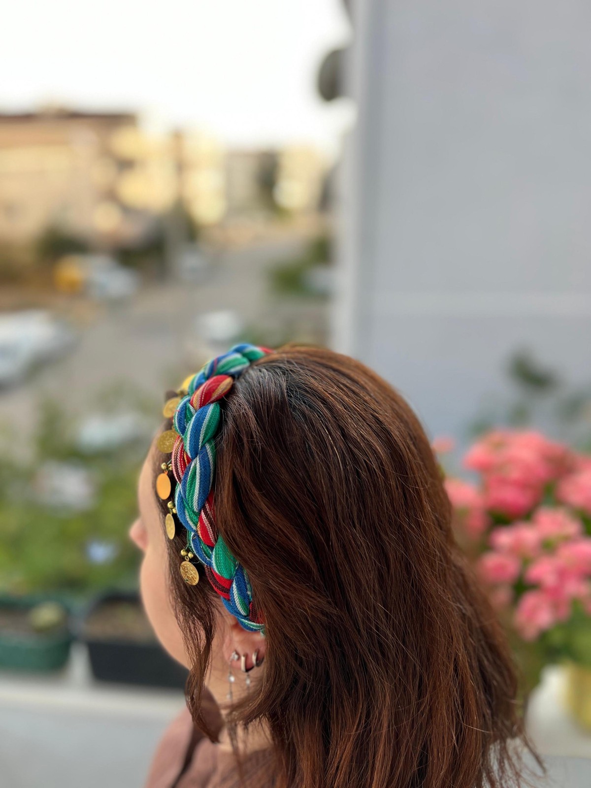 Gold Coin Handwoven Cotton Hair Band Green Blue Red Yellow Striped Handmade