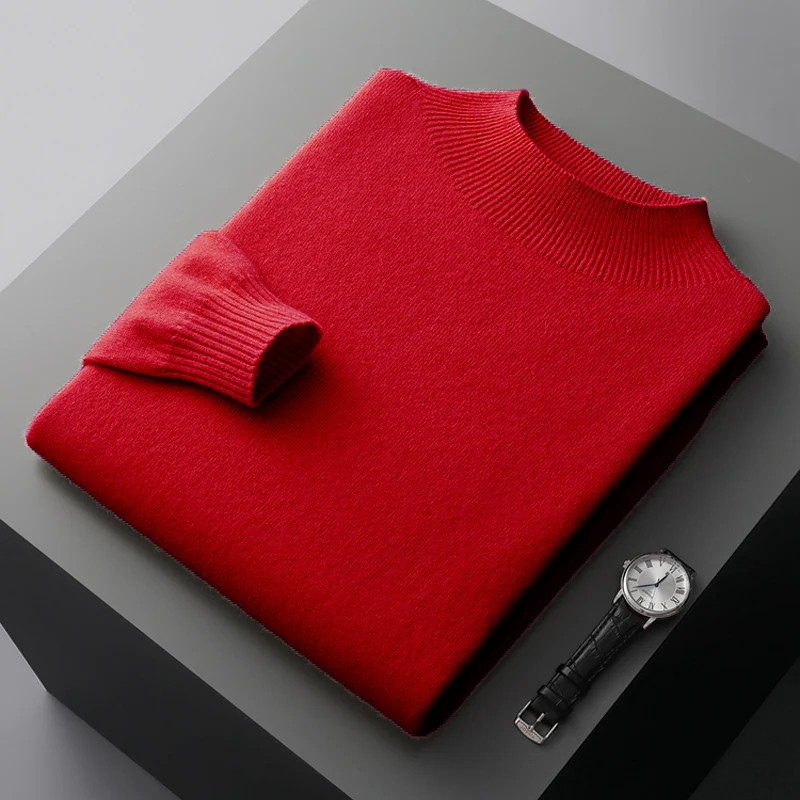 Autumn Winter Men’s Wool Pullover Basic Mock Neck Sweater Soft Warm Cashmere Jum