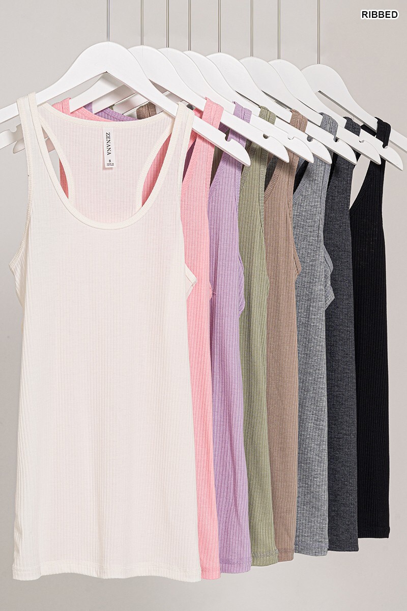 Zenana Round Neck Racerback Rayon Tank Top Soft Stretch Ribbed Basic Sleeveless