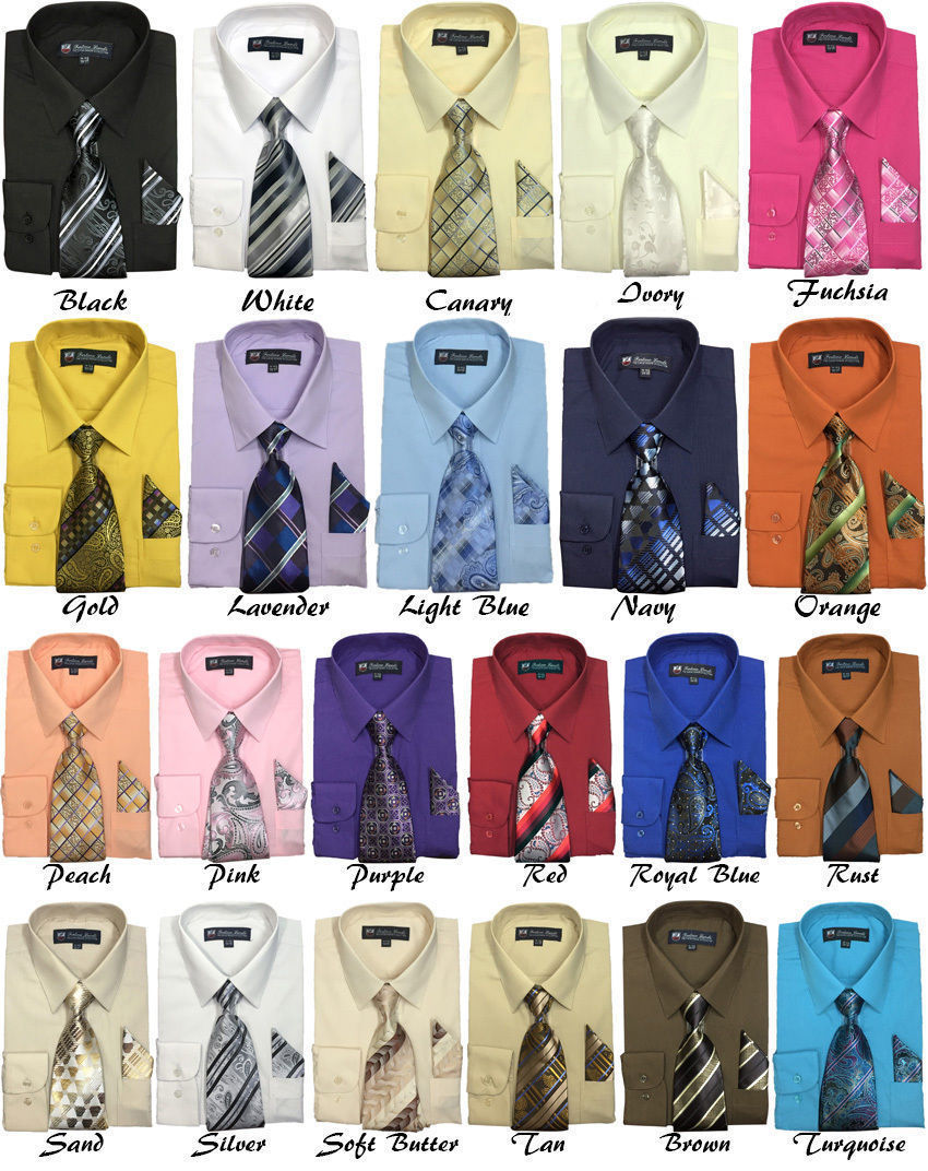 Men’s Cotton Blend Dress Shirt with Tie and Handkerchief 22 different colors 21B