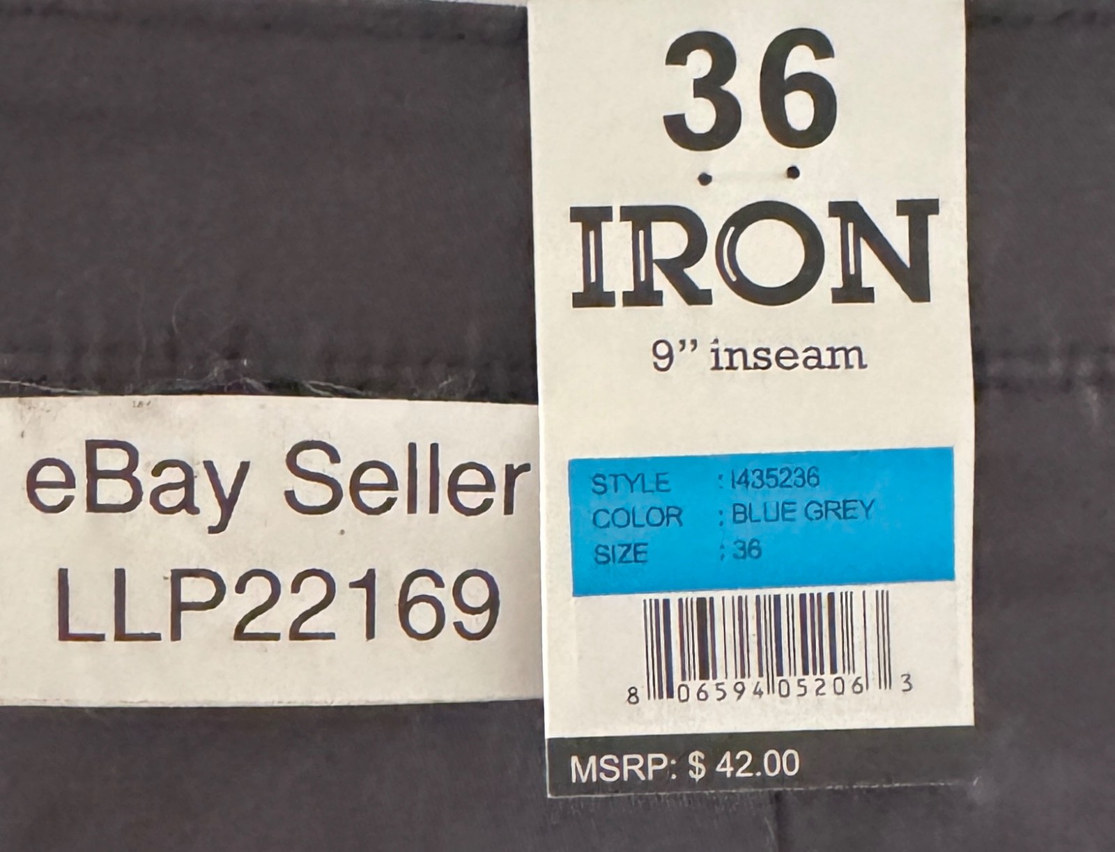 IRON CO Men’s Stretch Shorts (SIZE 36) Flex Waist Flat Front BLUE GREY New Tag!