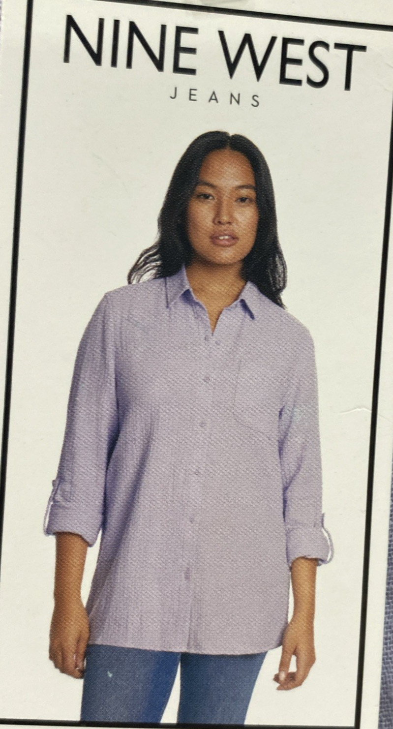 NWT Nine West Long Sleeve Chest Pocket High Low Hem Double Gauze Button Up