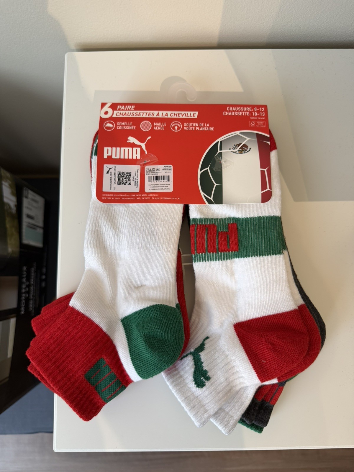 Puma 6 Pair QTR Crew Mexico Soccer Team Socks Shoe Size 8-12 Sock Size 10-13