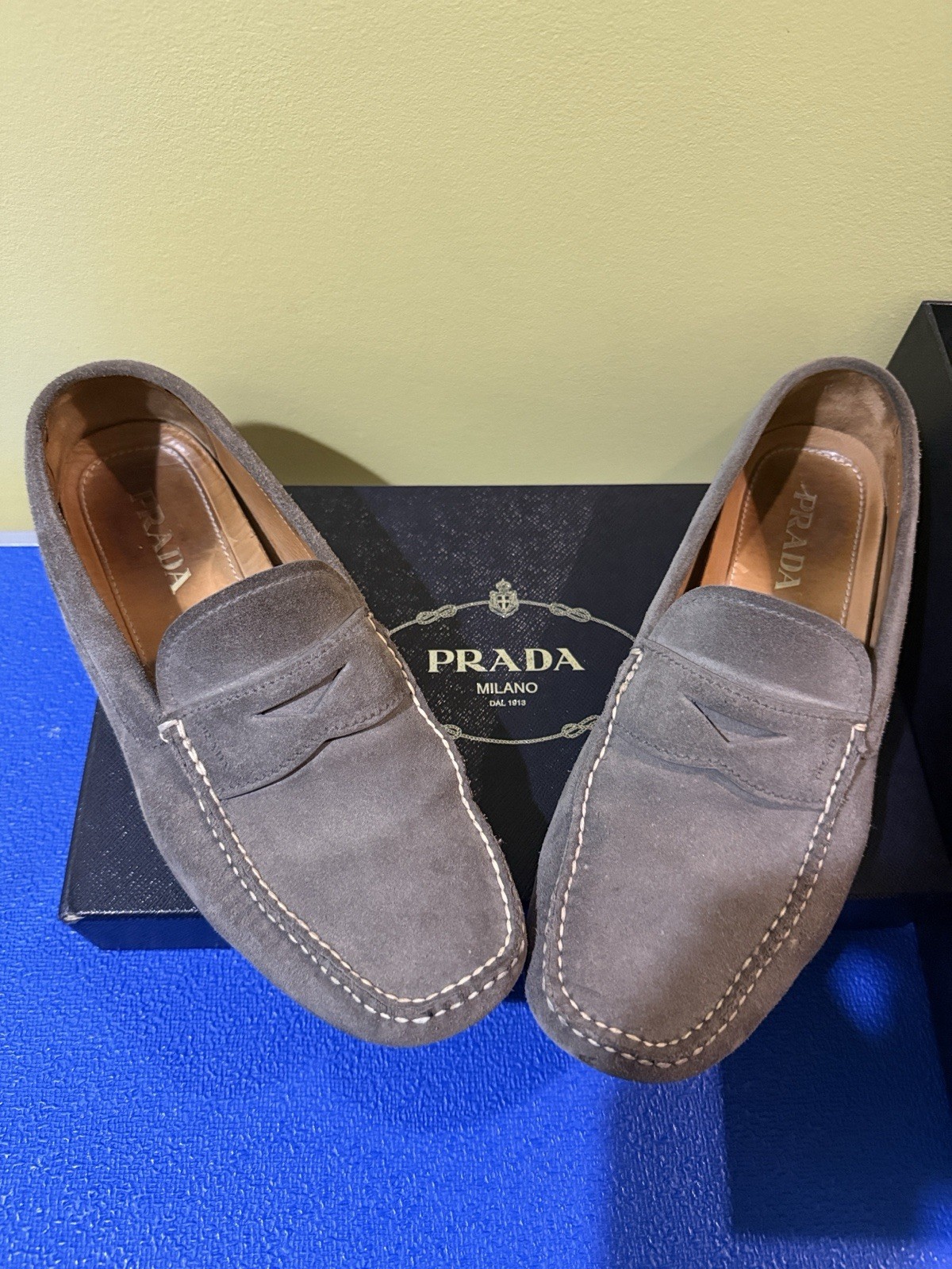 PRADA Men’s Gray Suede Slip-On Loafers Square Toe Logo US 10.5