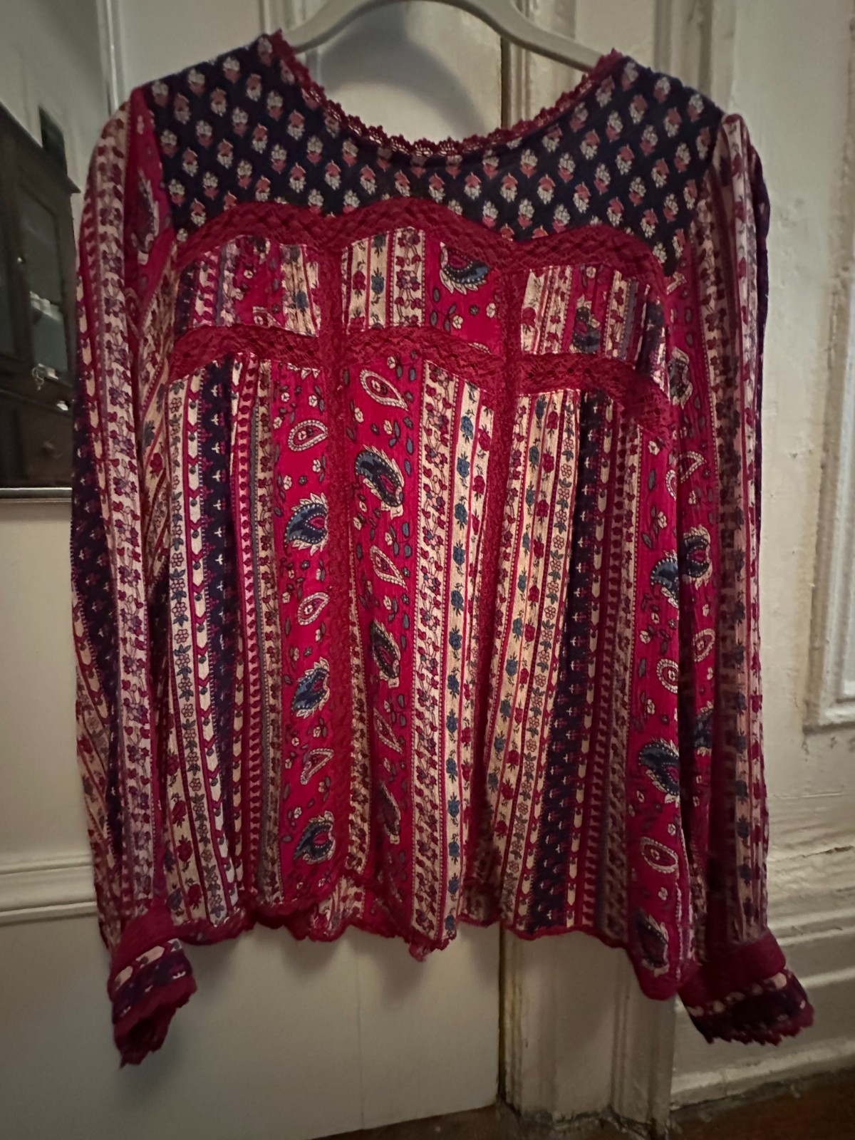 Maeve Anthropologie Floral Paisley Lace Boho Button Back Peasant Top Cottagecore