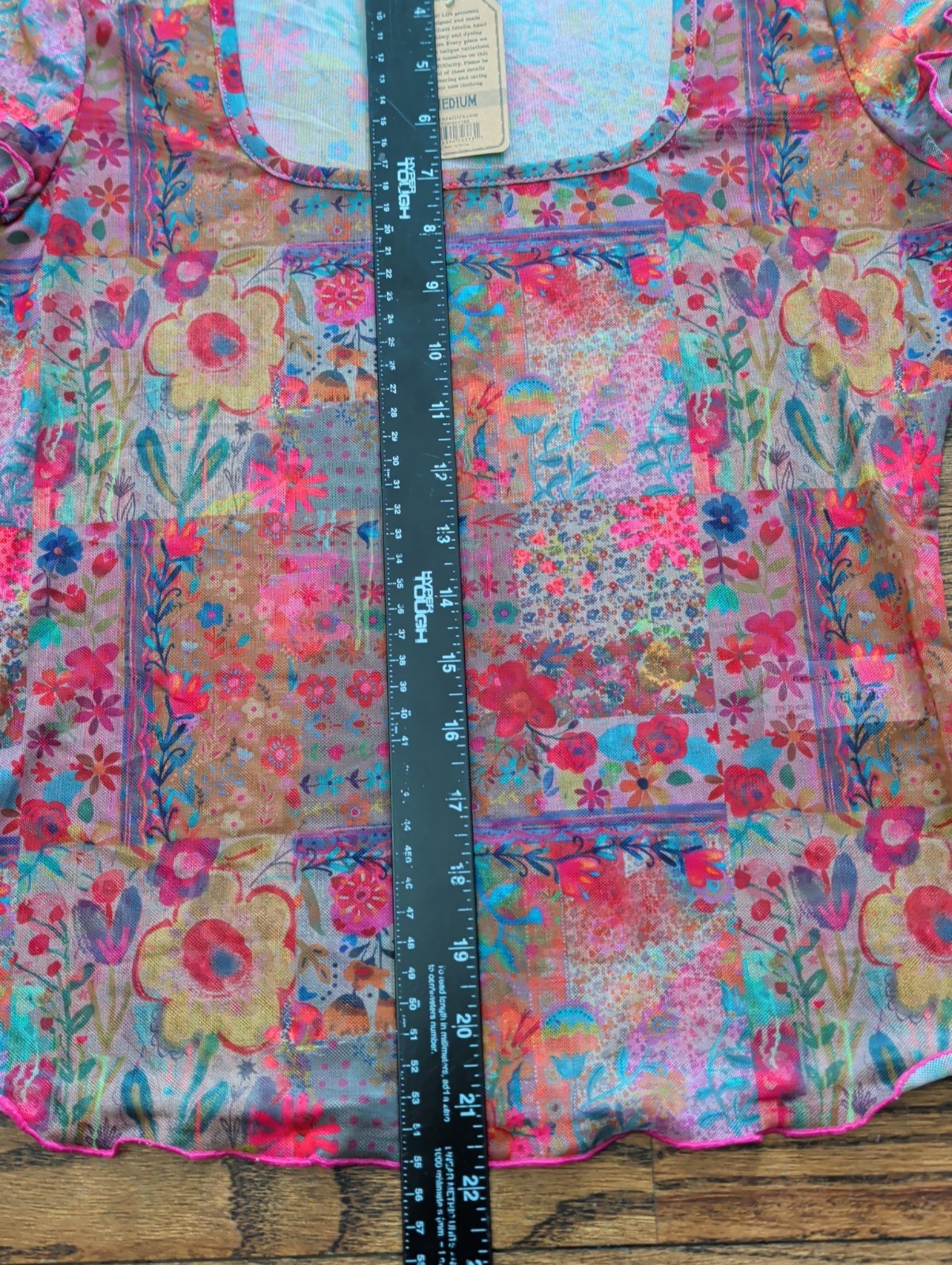 NWT Natural Life Carina Mesh Floral Colorful Sheer Short Slv Square Neck Top M